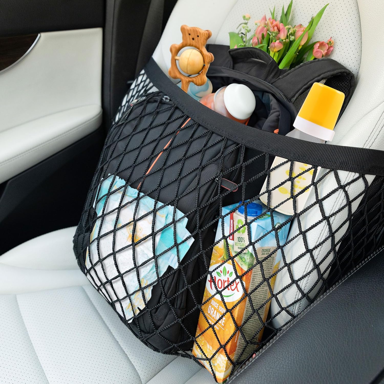 Red para asiento de coche y organizador de asiento delantero de automóvil, red elástica versátil que se adapta a la mayoría de tamaños y formas, se