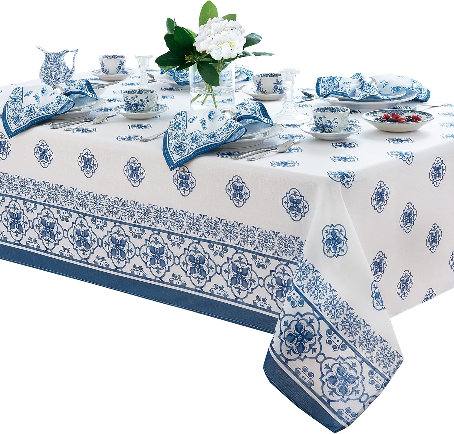 Newbridge Mykonos – Mantel de tela con borde de azulejos mediterráneos, estampado de medallón azul para interiorexterior, resistente a las manchas,