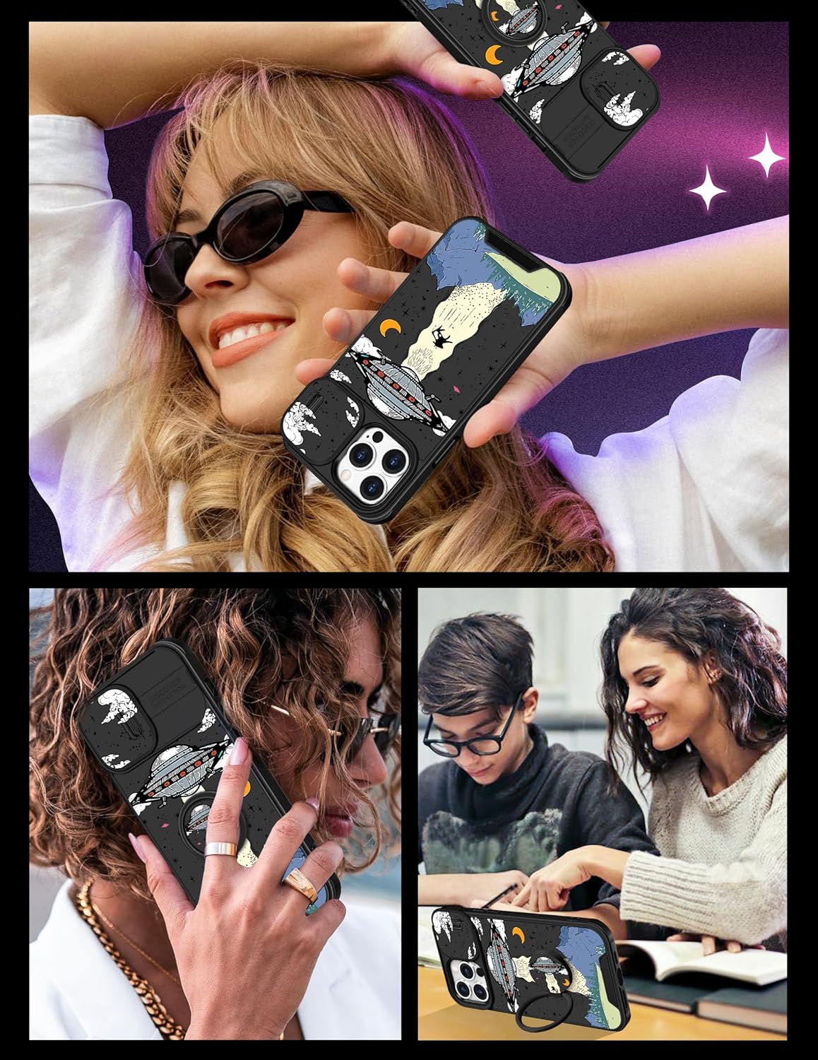 Goocrux Funda 2 en 1 para iPhone 15 Pro para mujeres y niñas, linda funda de teléfono de alienígenas, diseño divertido estético único de universo