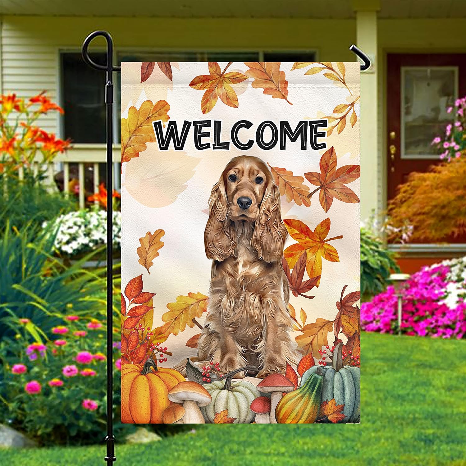 Prezzy Bandera de jardín de perros de otoño, banderas de Cocker Spaniel inglés, decoración al aire libre, 12.5 x 18 pulgadas, vertical, de doble