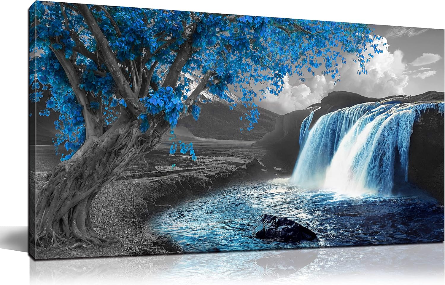 Lienzo de paisaje natural para sala de estar, cuadros de cascada para pared, decoración de pared de árbol azul, listo para colgar, tamaño 60 x 30