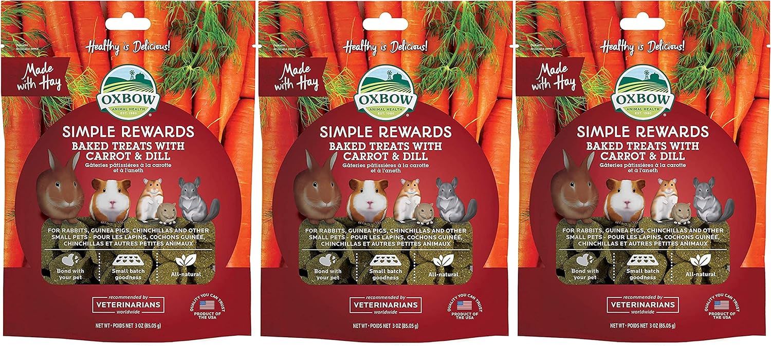 Oxbow Paquete de 3 golosinas para mascotas pequeñas de zanahoria y eneldo Simple Rewards, 3 onzas cada uno, con heno