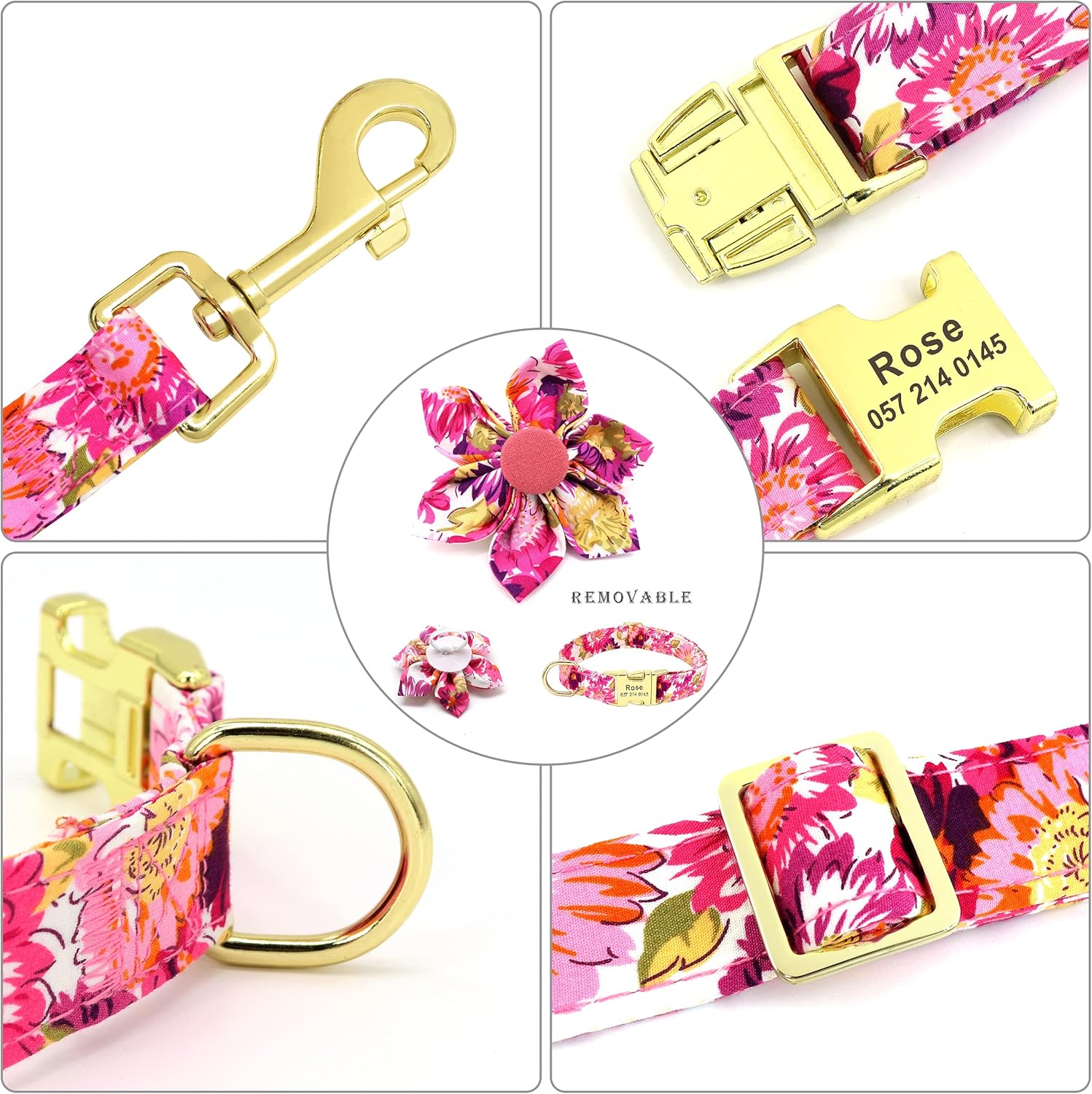 Beirui Juego de collar y correa de perro personalizado para niñas y perros, collar de perro personalizado con flor para perros pequeños, medianos y