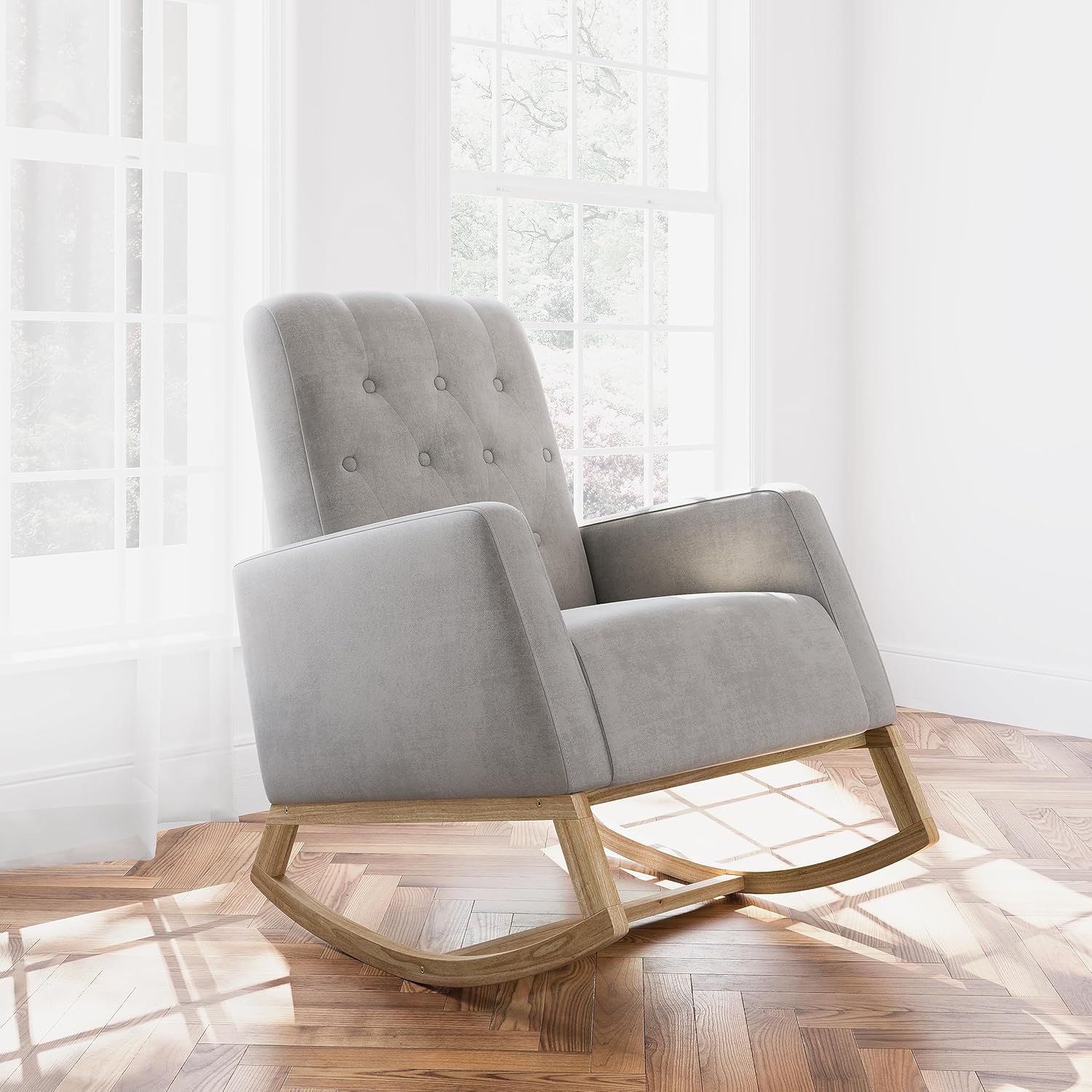Storkcraft Northern Lights – Mecedora tapizada con botones para guardería, mecedora suave, base de madera maciza