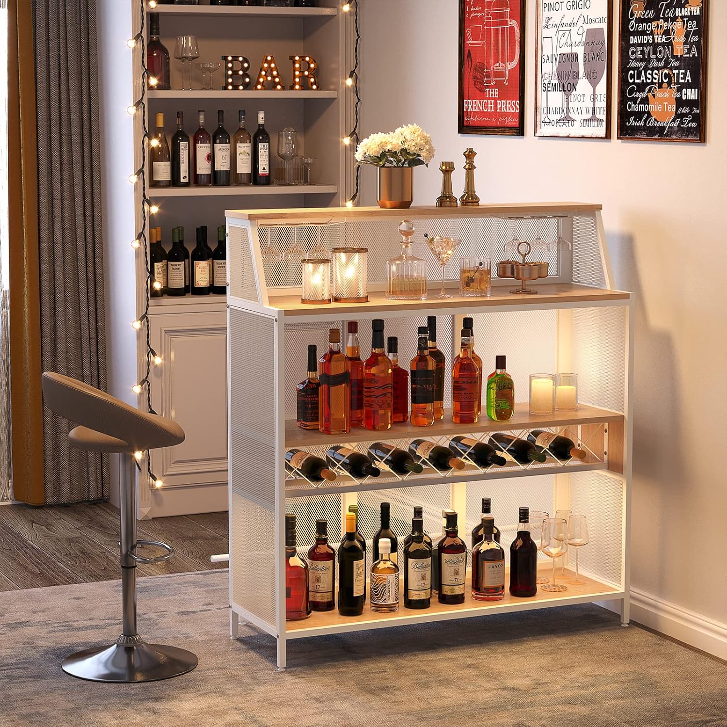 REHOOPEX Armario de bar, barra industrial de 4 niveles de 51 pulgadas, gabinete de licor de granja con reposapiés, gabinete de bar de madera,