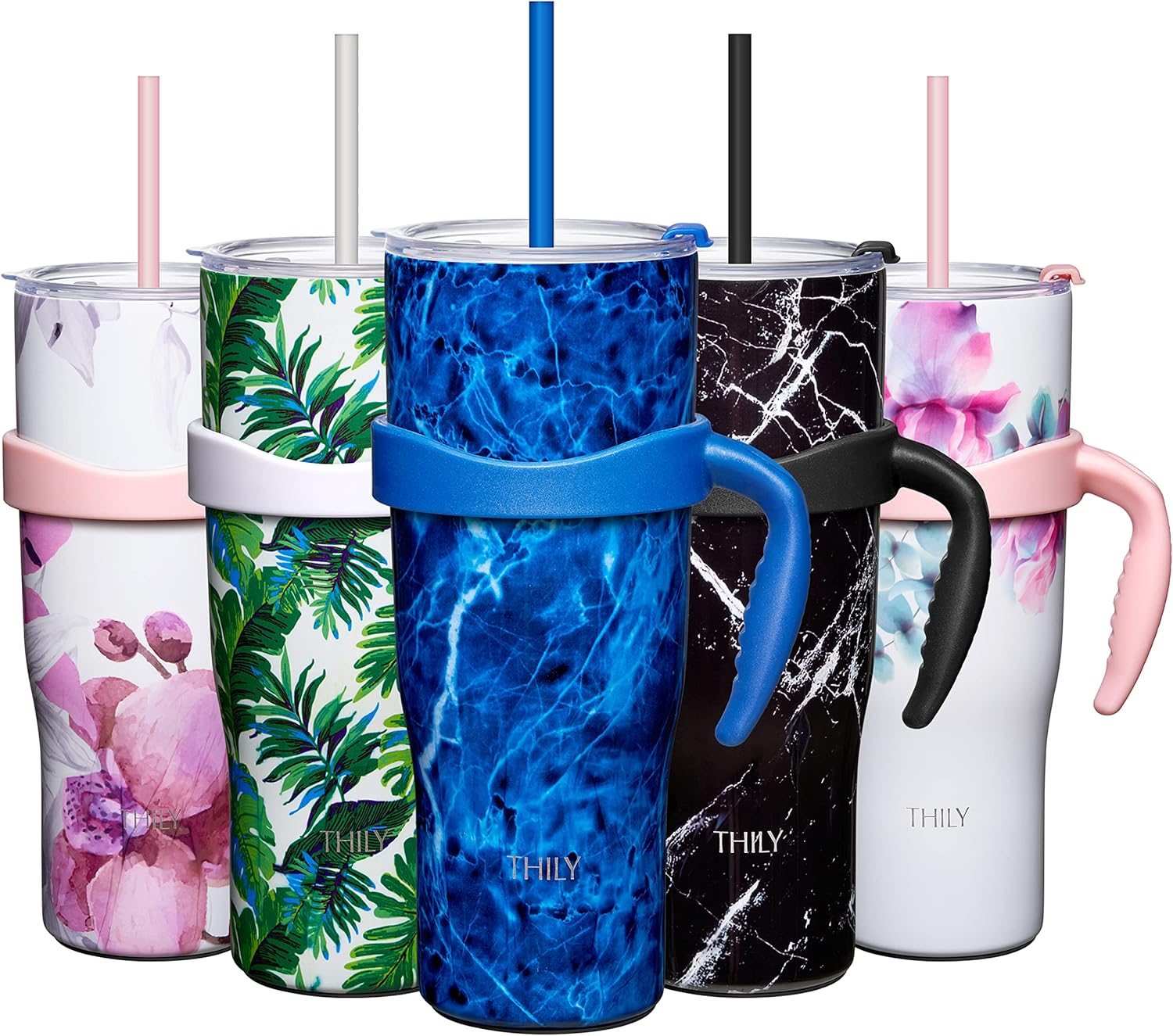 THILY Vaso aislado de 40 onzas con asa, taza de viaje para café de acero inoxidable con tapa y pajitas, mantiene las bebidas frías durante 34 horas