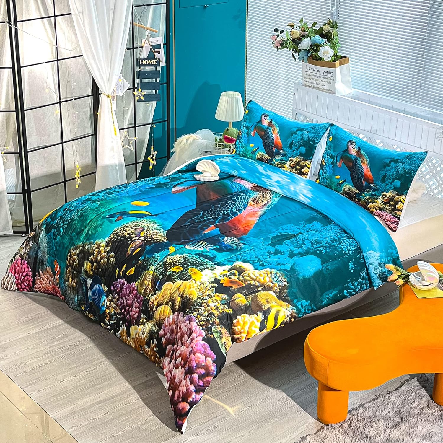 CVHOUSE Juego de ropa de cama de tortuga marina, edredón de tortuga marina, juego de edredón de playa oceánica para niños y niñas, juego de edredón