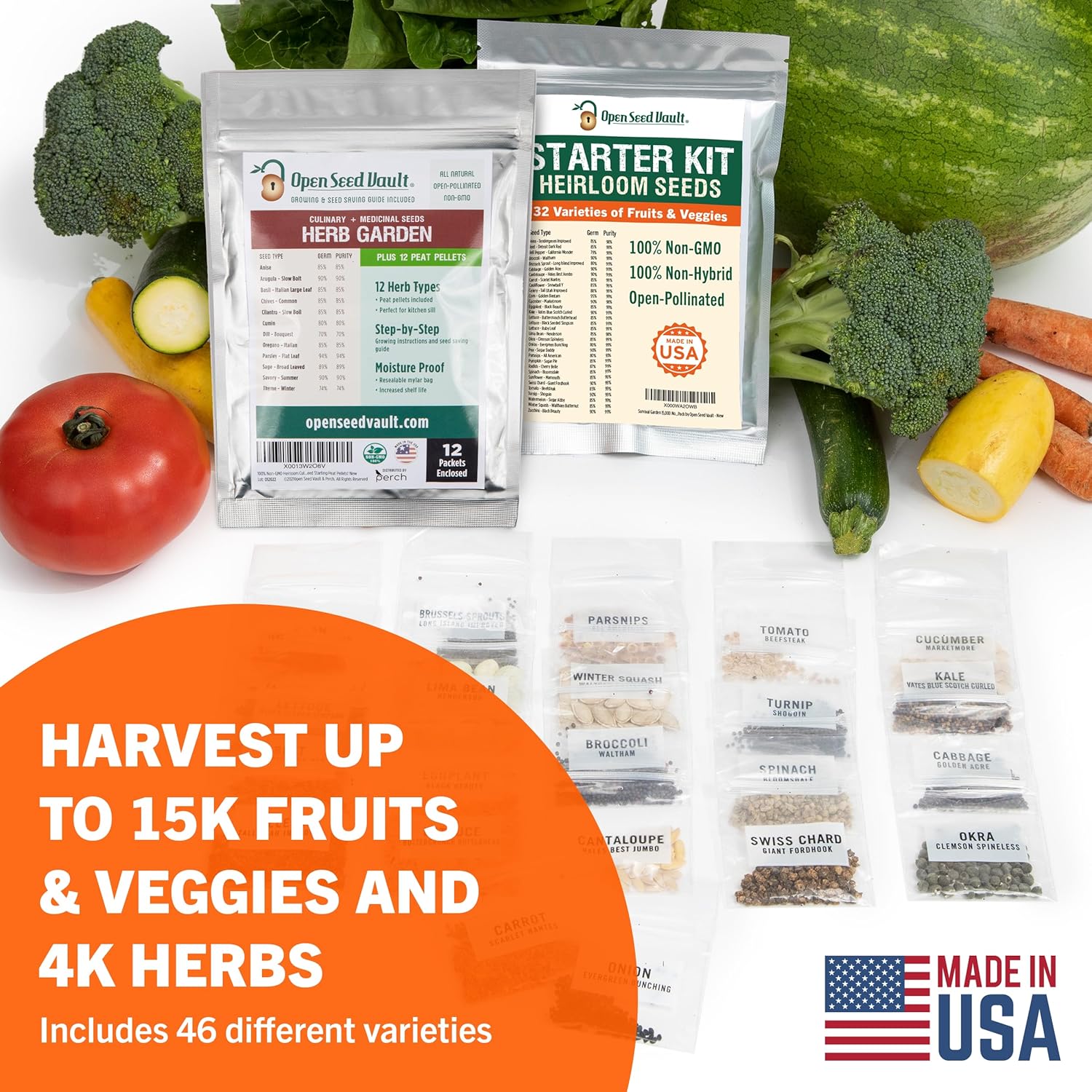 Open Seed Vault Paquete variado (44 variedades) semillas de jardín de hierbas, kit de inicio de semillas de jardinería, alimentos para equipos de