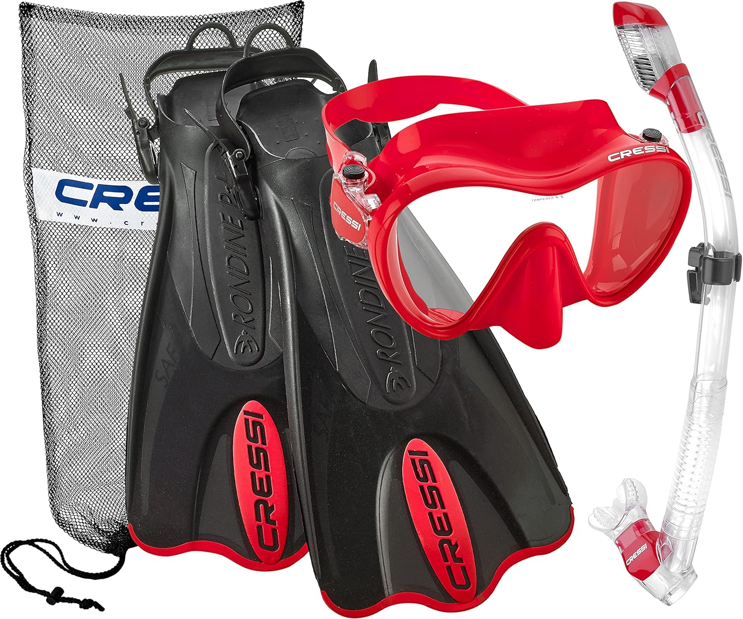 Cressi BKRD-SM – Máscara de buceo sin marco con lente de vidrio templado de alta calidad, esnórquel seco, aleta de esnórquel y bolsa de equipo de