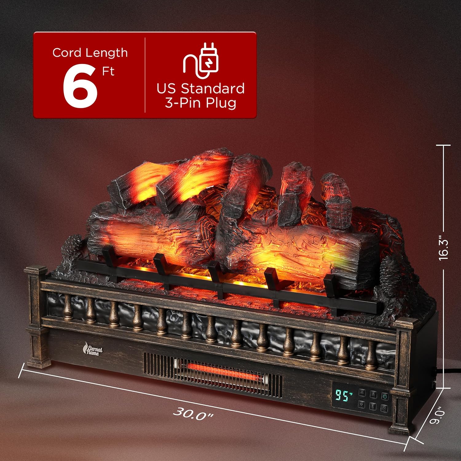 TURBRO Eternal Flame – Calentador eléctrico de cuarzo infrarrojo WiFi de 30 pulgadas con sonido crujiente, troncos de madera de pino realistas,