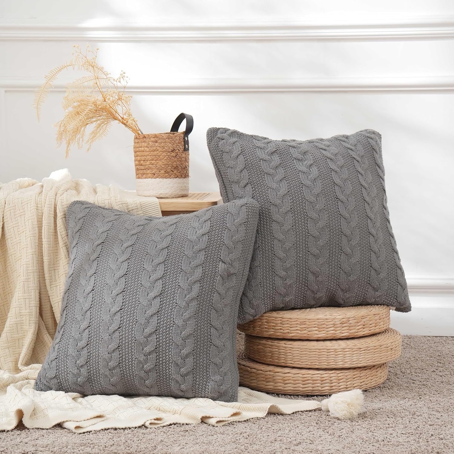 Almohadas de 20 x 20 pulgadas, almohadas de sofá con inserto suave y forma cuadrada de flor de cable, almohadas decorativas para sofá, cama, sala de