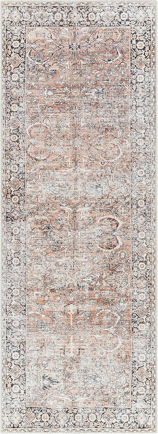 Kemer Collection – Alfombra de pasillo de cocina, lavable a máquina, estilo vintage, envejecida, desteñida, oriental bohemia persa con bordes