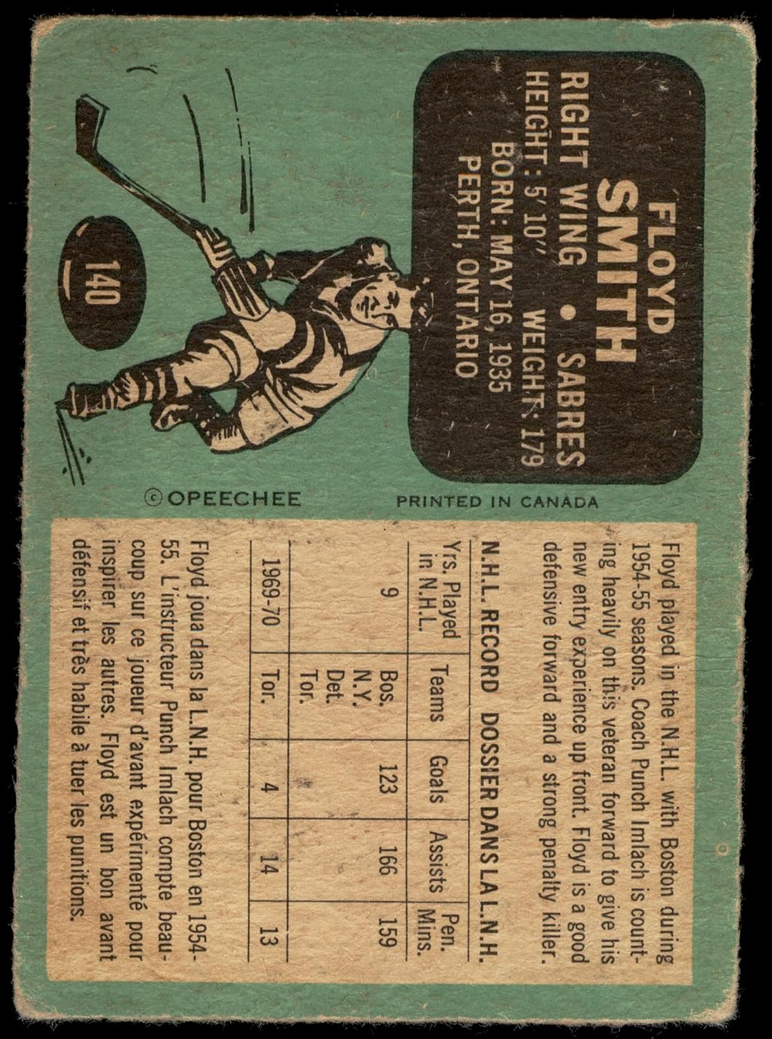 1970 O-Pee-Chee # 140 Floyd Smith Buffalo Sabres (Hockey Card) POOR Sabres