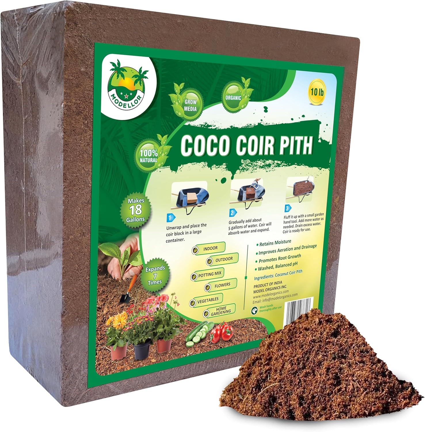 MODELLOR Bloqueladrillo de coco premium de 10 libras, rinde de 18 a 20 galones de fibra de coco en hidratación, orgánico, lavado, pH equilibrado,