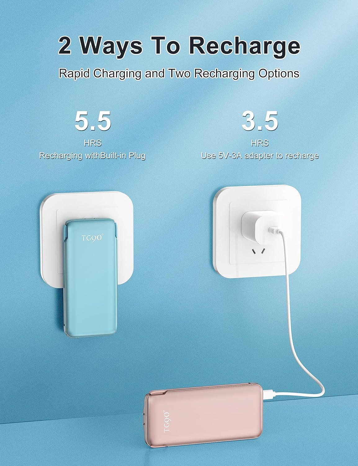 TG90 Paquete de 2 baterías externas con cables integrados y enchufe de pared, cargador portátil ultra delgado de 10000 mAh para teléfonos celulares