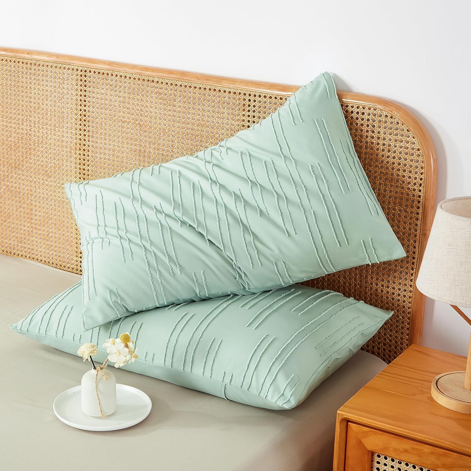 Juego de edredón de tamaño Queen de color verde salvia, para cama Queen, estilo rústico, bohemio, esponjoso, ligero, con flores, plantas, para todas