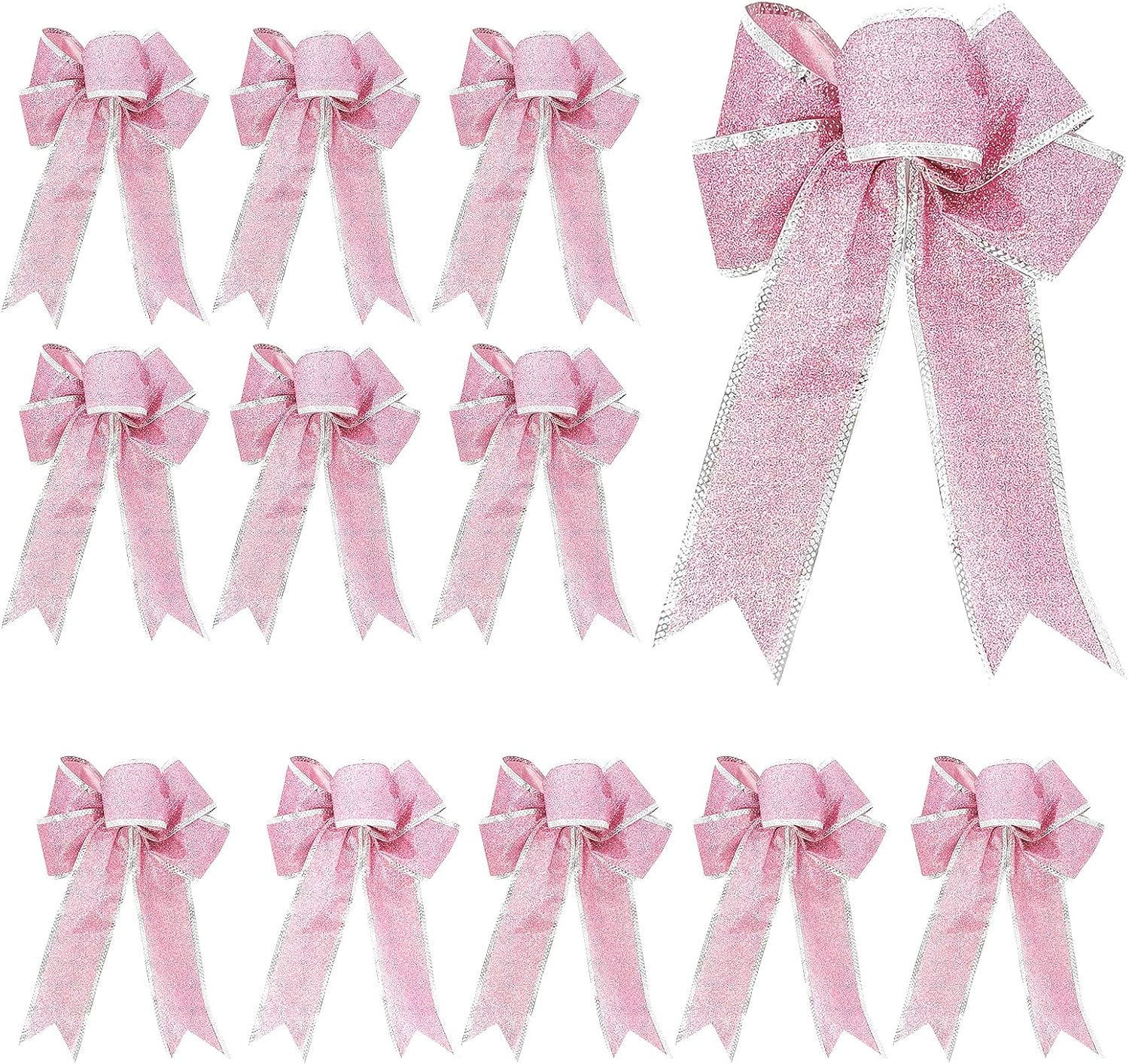 12 piezas de lujo de 8 pulgadas con purpurina rosa artificial, lazo de Navidad para árbol de Navidad, coronas, decoración de caja de regalo, adorno