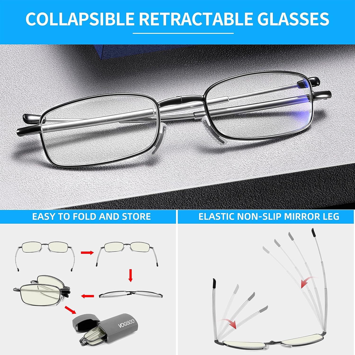 Gafas de lectura con bloqueo UV de luz azul, compactas, plegables, con bisagra de resorte suave para hombres y mujeres, paquete de 2 unidades,