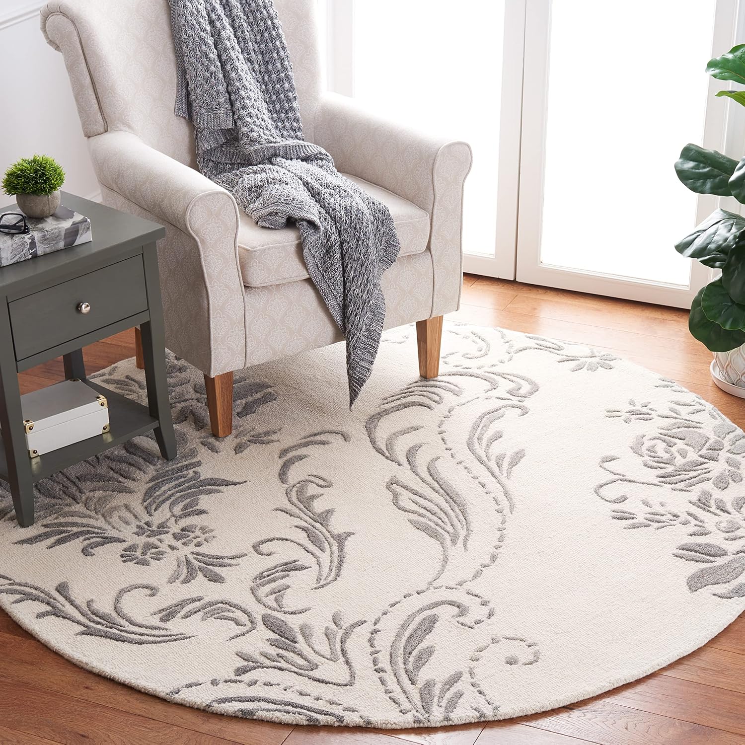 SAFAVIEH Jardin Collection – Alfombra redonda de 6 pies, color marfil y gris, lana hecha a mano, ideal para zonas de alto tráfico en sala de estar,