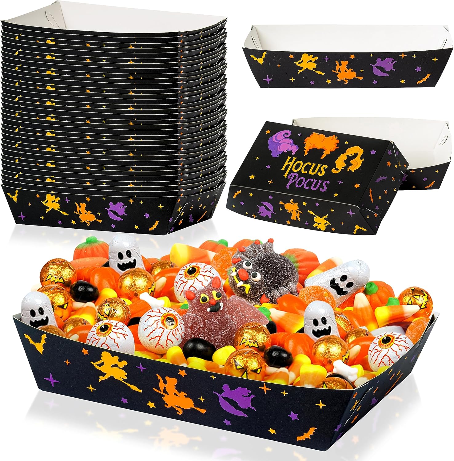 Bandeja de papel para servir alimentos de Halloween de Hocus Pocus, 50P, para Halloween, brujas, aperitivos, bandeja para dulces, bandejas