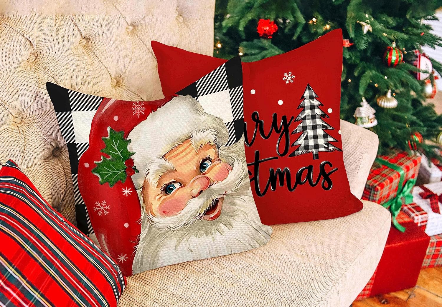 4TH Emotion Juego de 4 fundas de almohada navideñas a cuadros de búfalo de 20 x 20 pulgadas, decoraciones navideñas de granja, árbol de Navidad,