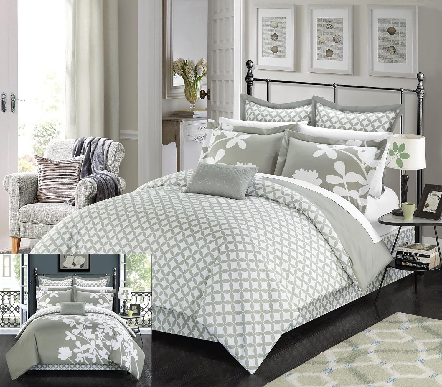Chic Home Juego reversible de 7 piezas Iris a gran escala gris, edredón Queen
