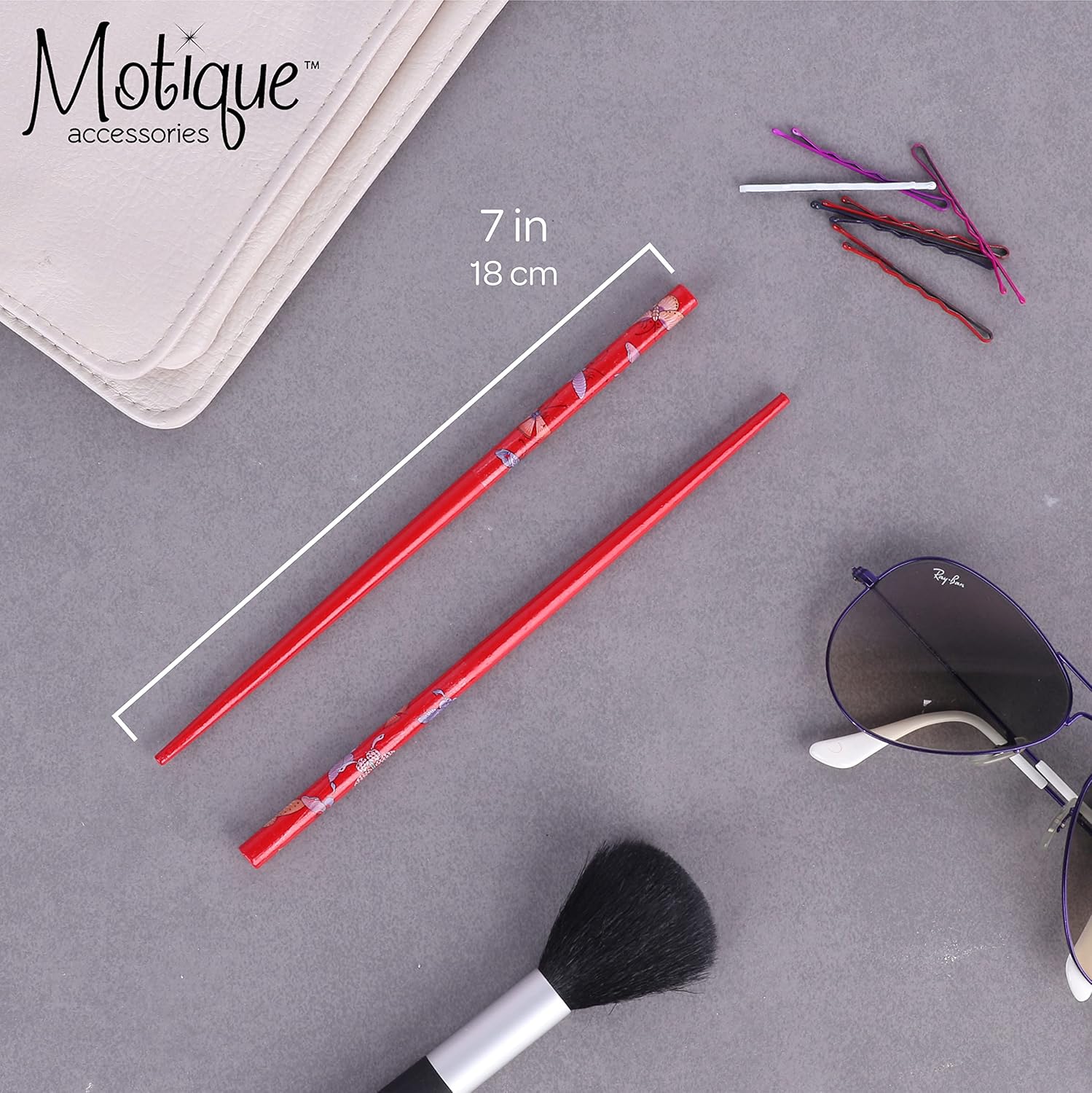 Juego de 4 palillos para el cabello con mariposas, color rojo y blanco