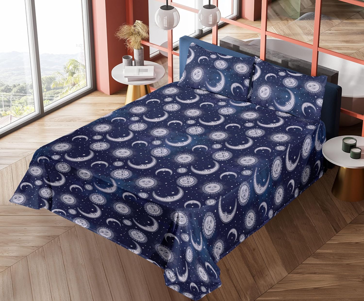 Ambesonne Boho Art Sheet Set, Astrology Inspired Sun and Moon Outer Space Galaxy Night Pattern, Fitted and Flat Sheet with Pillowcases Bedding
