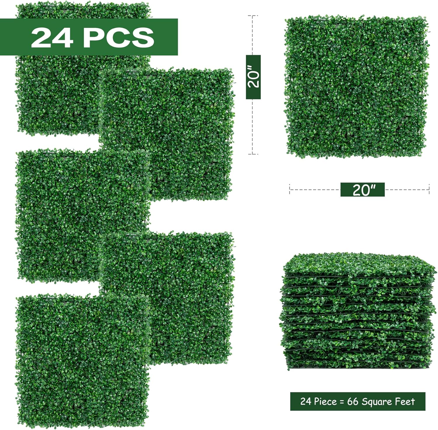 24 paneles de fondo de pared de césped de 20 x 20 pulgadas con lazos de cremallera, paneles de césped artificial de boj para pared de jardín y