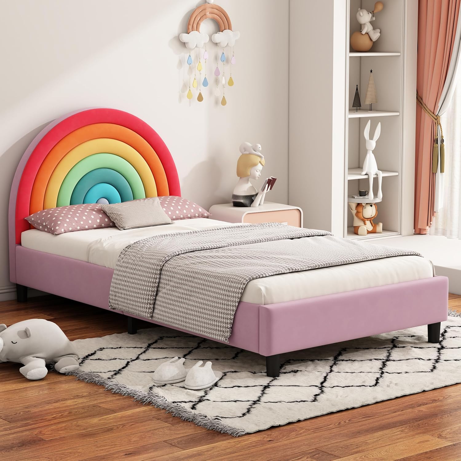 SOFTSEA Marco de cama tamaño individual, marco de cama individual para niños, cama de plataforma tapizada tamaño individual con cabecera arcoíris,