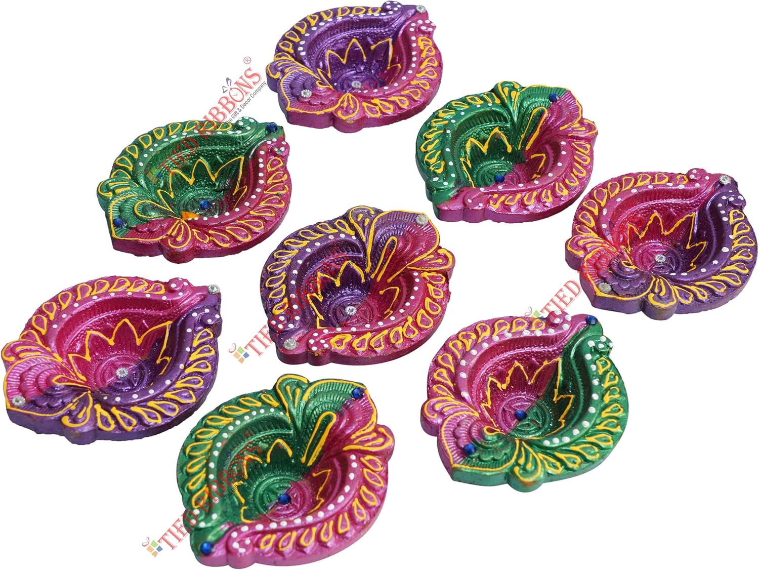 TIED RIBBONS Diya de arcilla hecha a mano para Diwali  Velas de té tradicionales caseras  Lámpara de aceite india  Decoraciones Diwali para el hogar