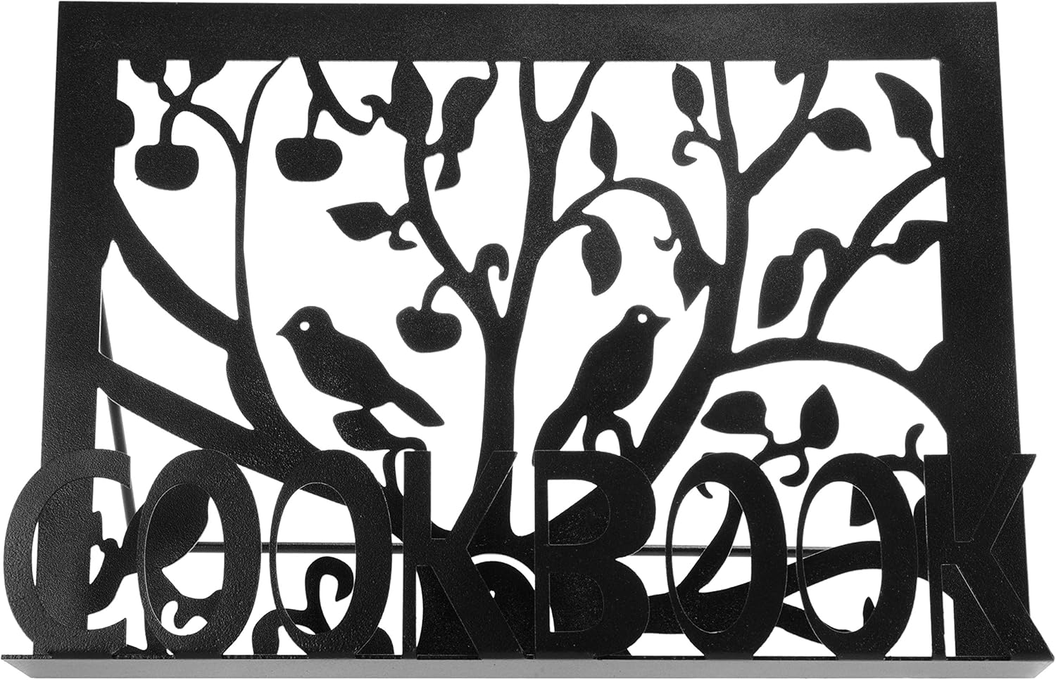 MyGift Soporte de metal negro para libros de cocina con recorte decorativo de palabras y diseño de silueta de árbol, soporte de caballete de tableta