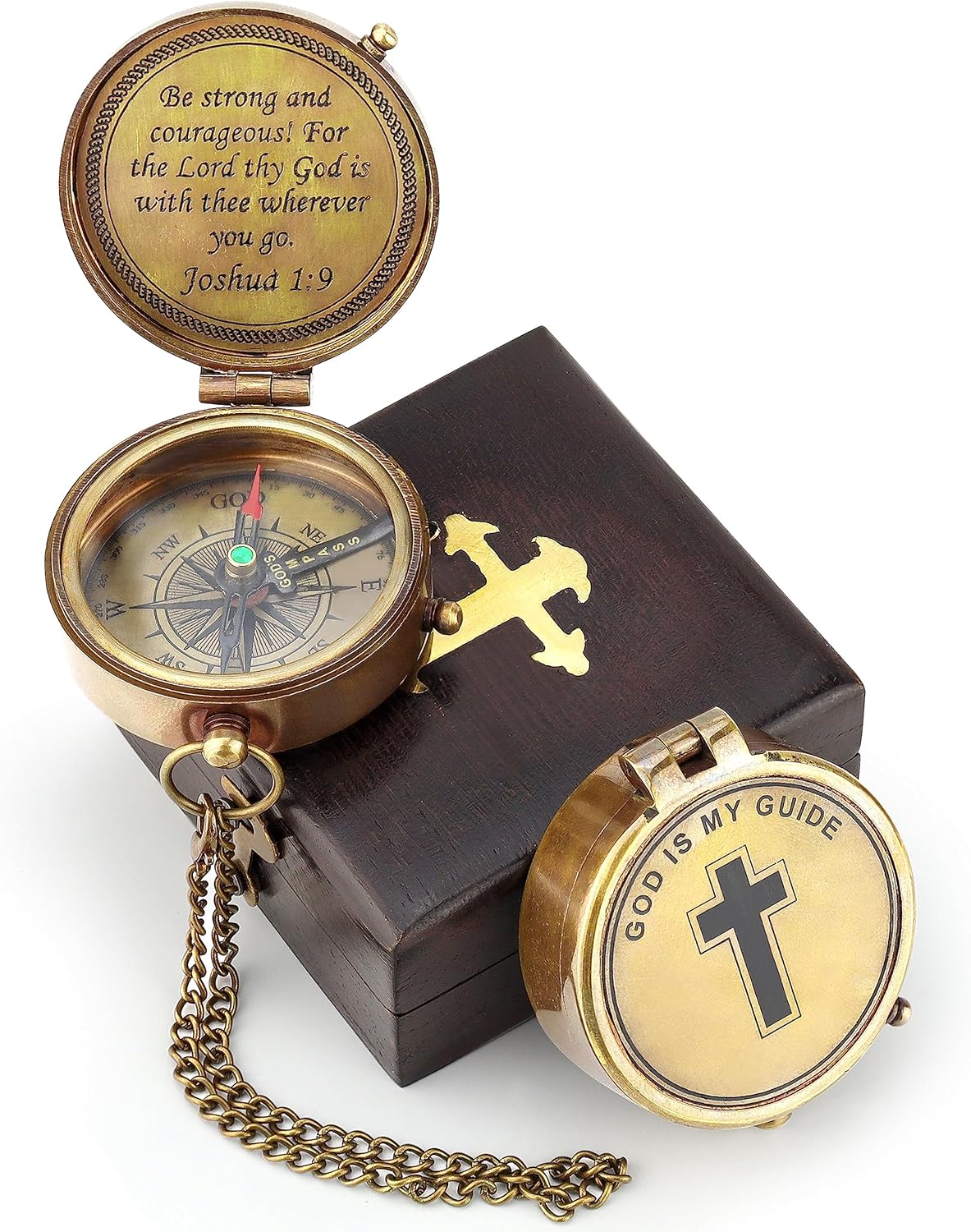 God is My Guide Brújula de latón con caja de exhibición, brújula de oración grabada, regalo religioso para hombres y mujeres, bautismo,