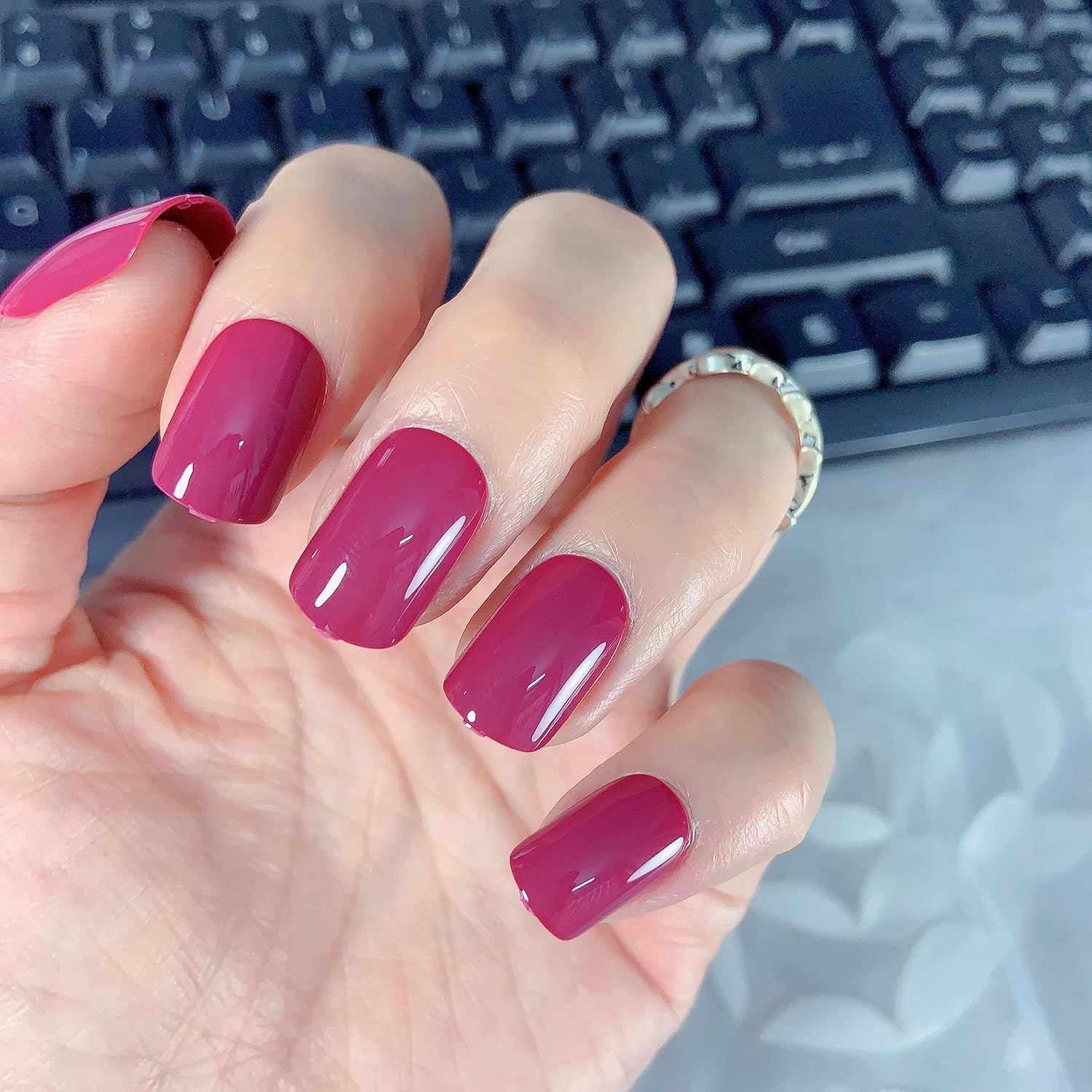 Uñas postizas a presión medianas, uñas postizas cuadradas color morado y rojo brillante, uñas postizas de gel UV, uñas postizas reutilizables de