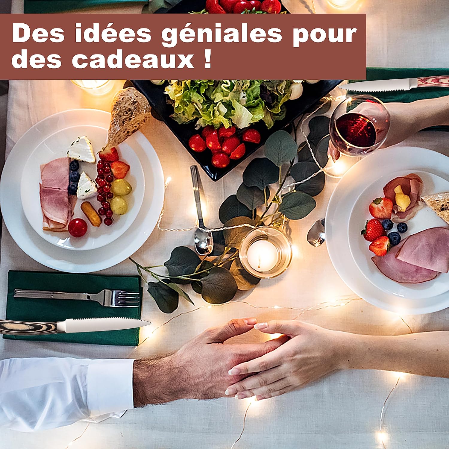 LUVCOSY Pakkawood – Juego de 6 cuchillos de carne dentados de acero inoxidable con mango de madera de Pakka, juego de cuchillos de cena de borde