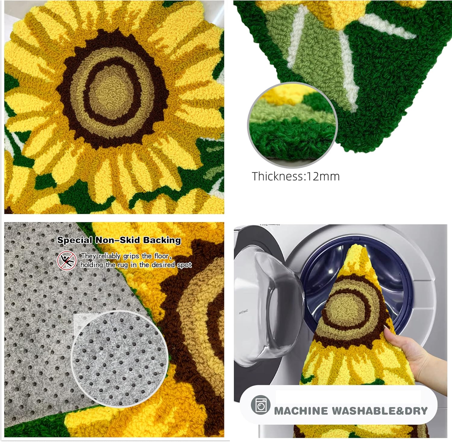 ABREEZE Alfombra de algodón tejida a mano con forma de girasol, alfombra lavable de baño, alfombra de interior para porche delantero, granja,