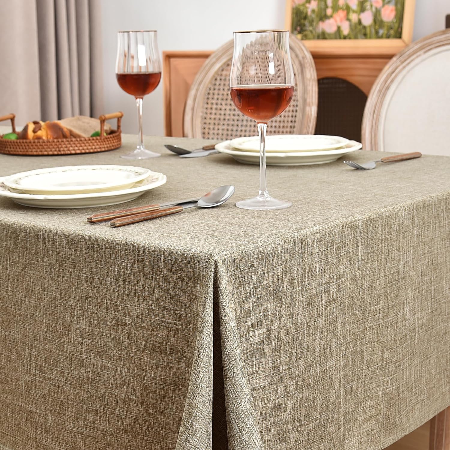 Fitable Mantel rectangular de lino sintético de 60 x 102 pulgadas, paquete de 2 manteles color caqui para mesas de 6 pies, fundas de mesa de cocina