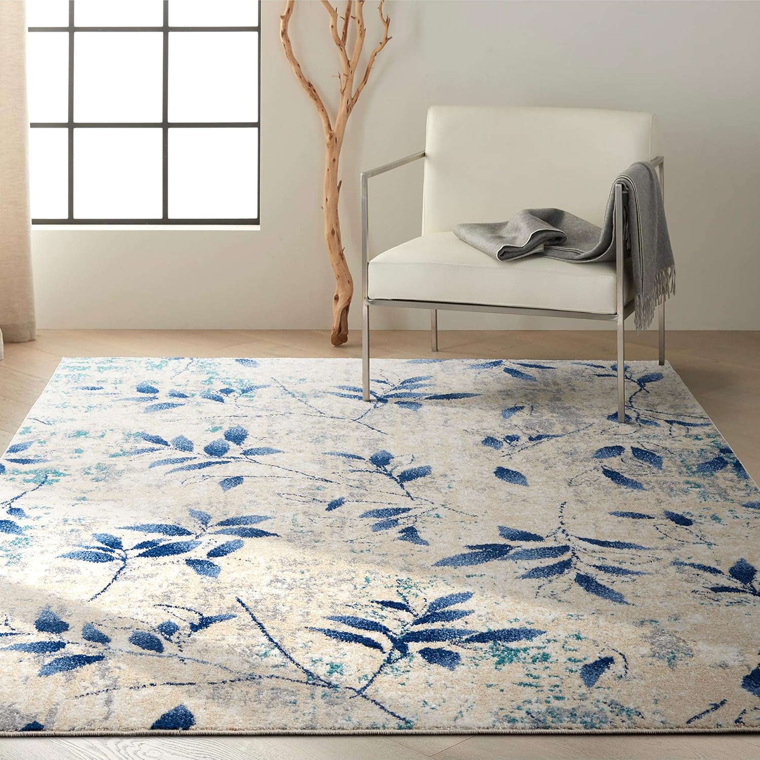 Calvin Klein River Flow – Alfombra floral azul marino marfil de 2.3 x 7.3 pies, fácil limpieza, no se desprende, para dormitorio, sala de estar,