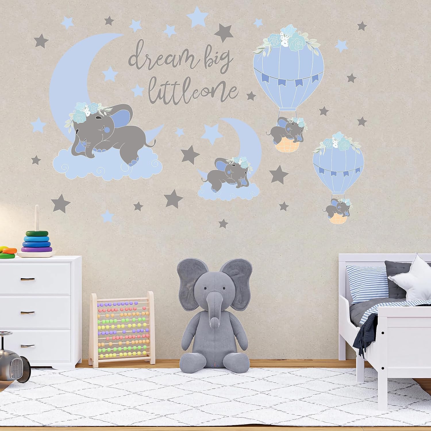 TALLSOCNE Calcomanías de pared Dream Big Little One Elefante, decoración de habitación de bebé, luna azul, globo aerostático, estrellas grises,