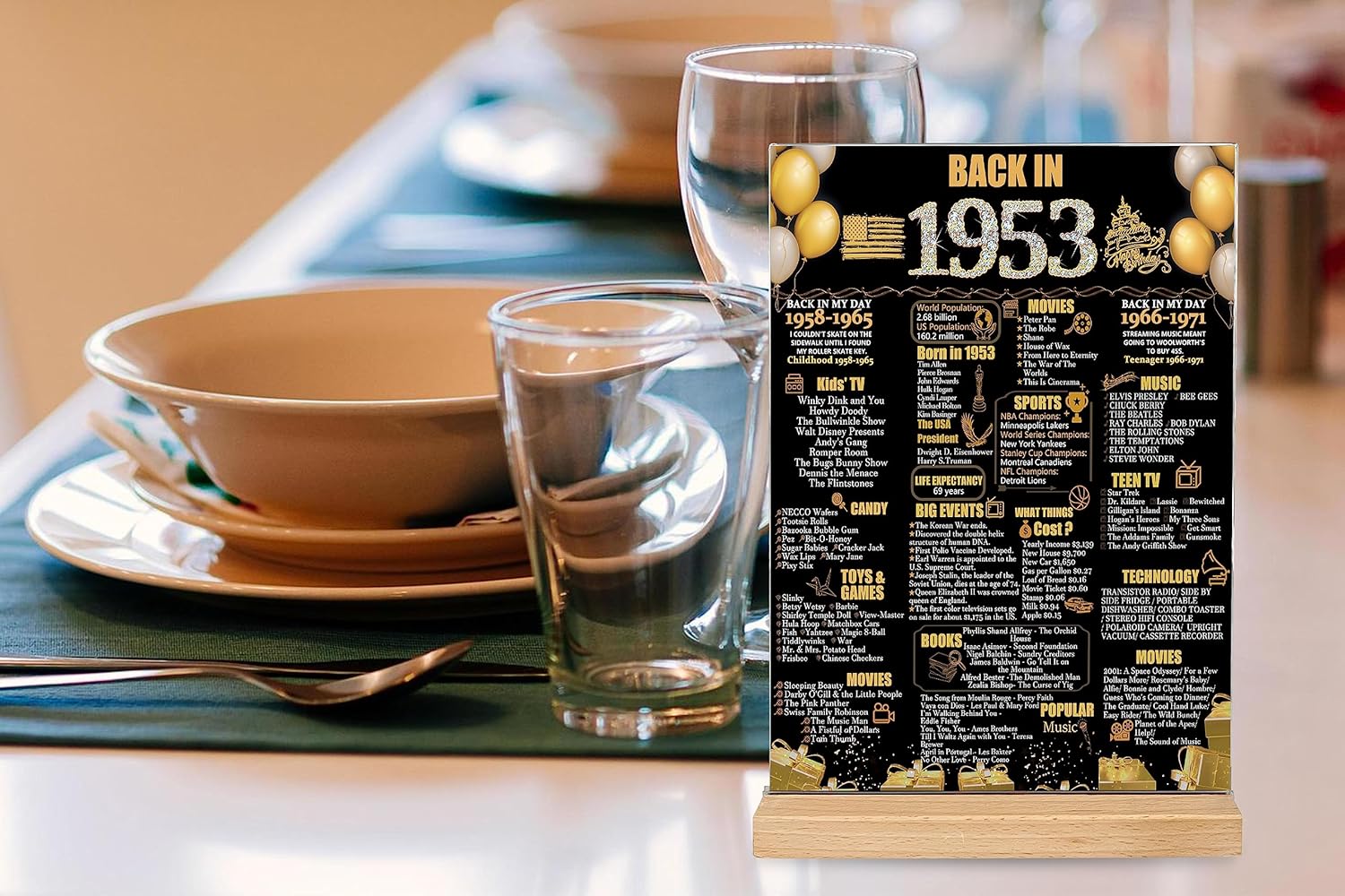ArtAubrey Regalo de cumpleaños número 70 para mujeres y hombres, suministros de fiesta de 1953 de doble cara, tema de 1953, póster acrílico dorado