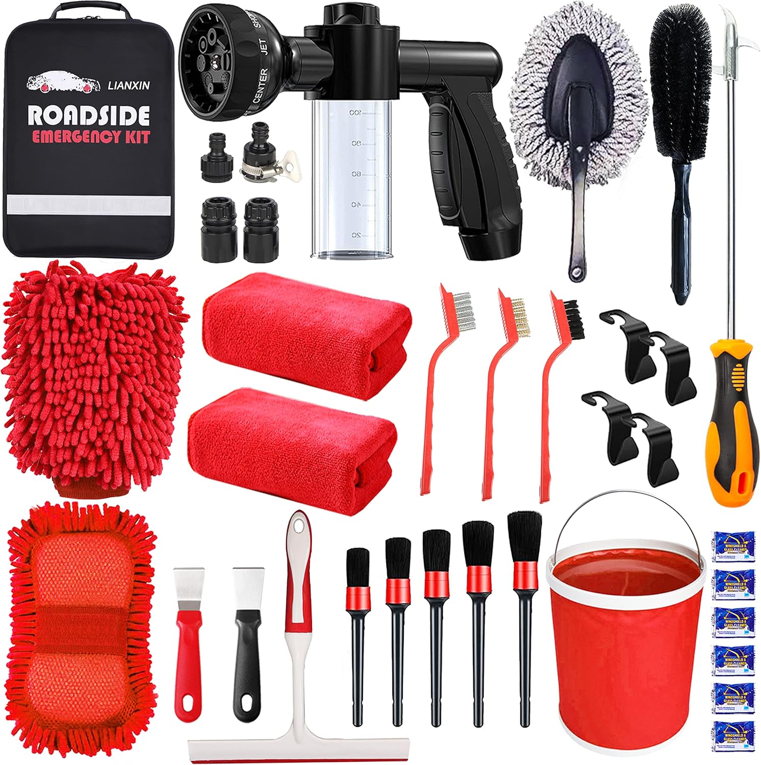 LIANXIN Kit de lavado de autos Kit de limpieza de lavado de autos Pistola de espuma rociador de microfibra Esponja y toallas Pistola de espuma de