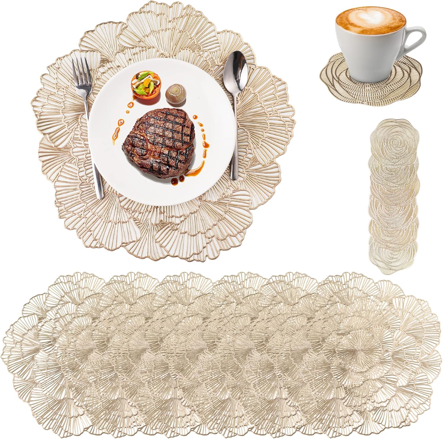 Juego de 12 manteles individuales y posavasos, manteles individuales redondos de vinilo prensado metálicos para mesa de comedor (flor, dorado)