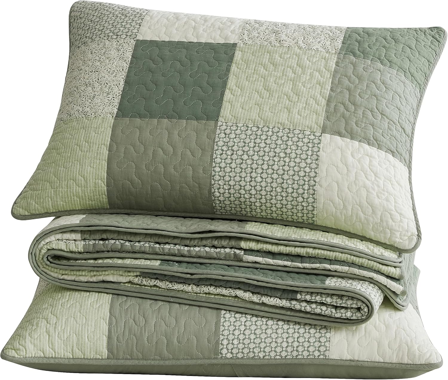 Chezmoi Collection Orna – Juego de edredón elegante de 2 piezas, colcha de parches florales verdes, colcha reversible ligera de algodón prelavado,