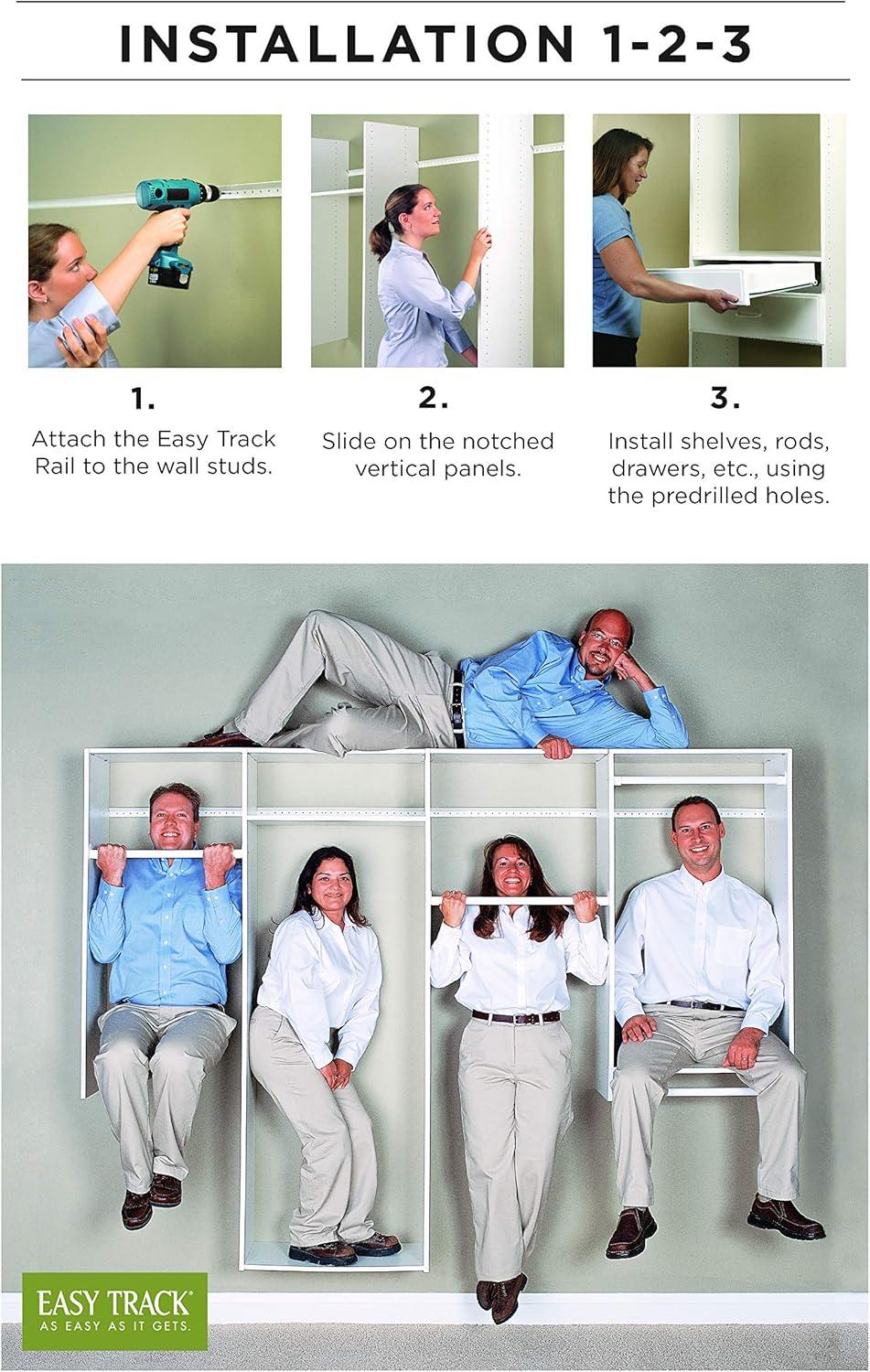 Easy Track 680103-WH Organizador de armario utilitario, kit de armario de 5 estantes, montaje en pared, estantes ajustables, estantería para