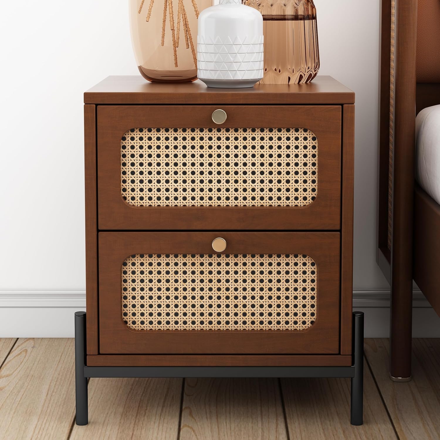 Mesita de noche de 2 cajones, moderna mesa auxiliar de madera de ratán con 2 cajones, armario de almacenamiento de madera pequeño para dormitorio,