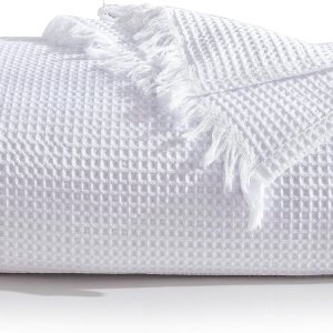 Manta de punto gofre 100% algodón de 90 x 90 pulgadas con borla, ligera, prelavada, suave, transpirable, manta perfecta para decoración de Manta de punto gofre 100% algodón de 90 x 90 pulgadas con borla, ligera, prelavada, suave, transpirable, manta perfecta para decoración de