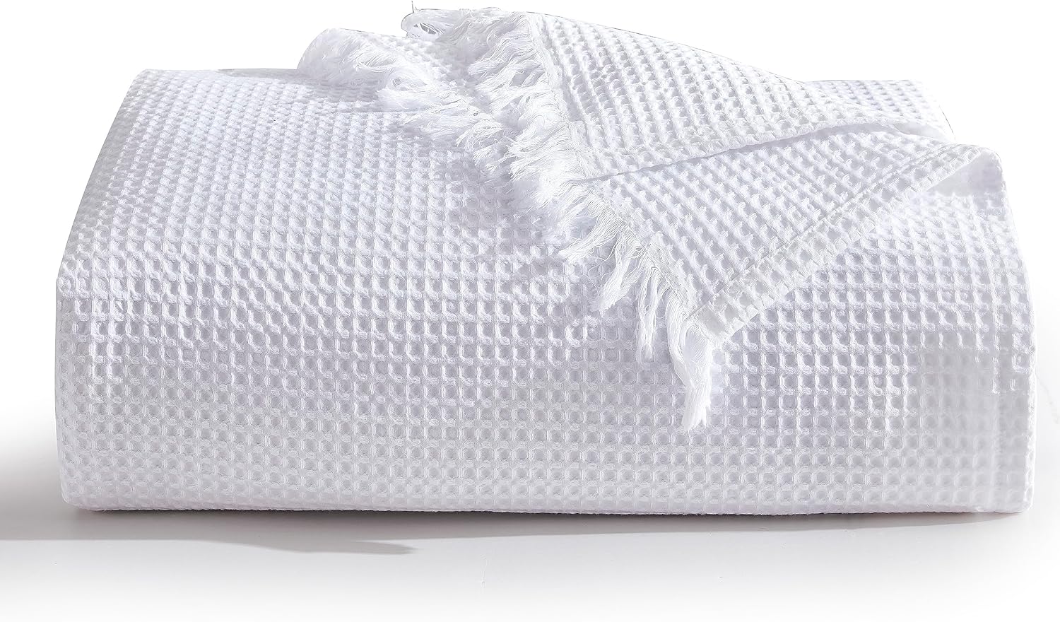 Manta de punto gofre 100% algodón de 90 x 90 pulgadas con borla, ligera, prelavada, suave, transpirable, manta perfecta para decoración de