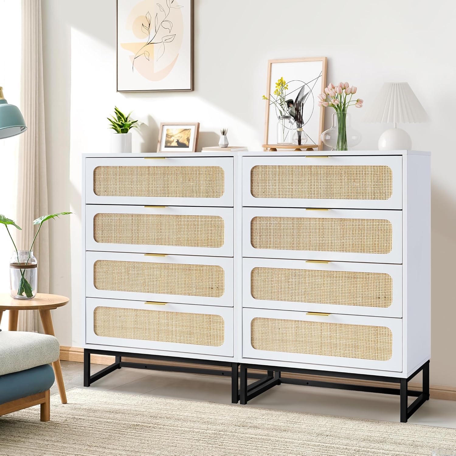 Cómoda de 8 cajones para dormitorio, cómoda de ratán, cómoda de armario, cómoda de almacenamiento de madera alta para sala de estar, dormitorio de