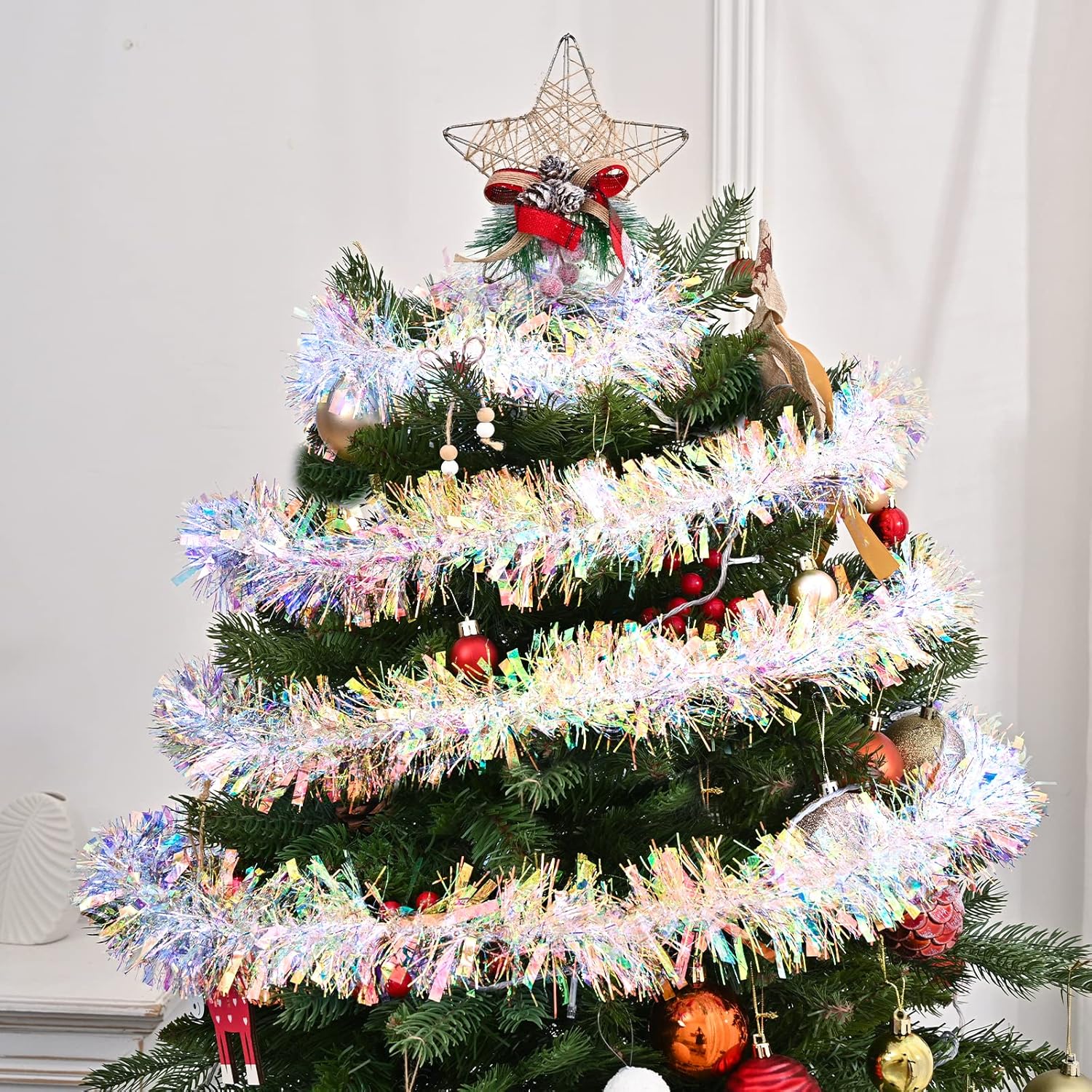 Guirnalda de oropel de Navidad de 20 pies  19.7 ft, guirnalda colgante metálica iridiscente para árbol de Navidad, chimenea, chimenea, decoración