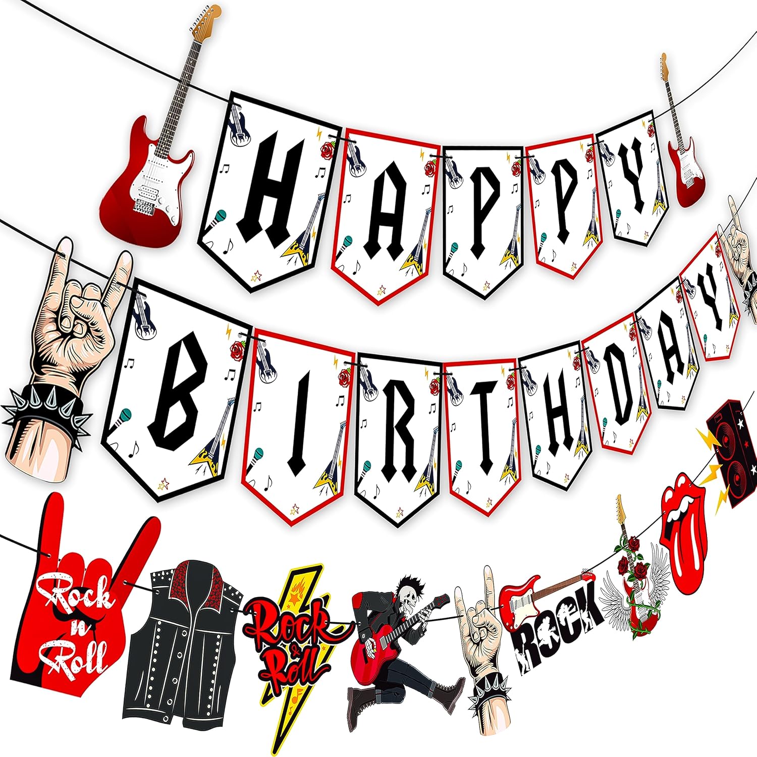 Cartel de cumpleaños de Rock and Roll, 3 unidades, pancartas de fiesta de música rock, decoración de fiesta de cumpleaños, pancartas colgantes